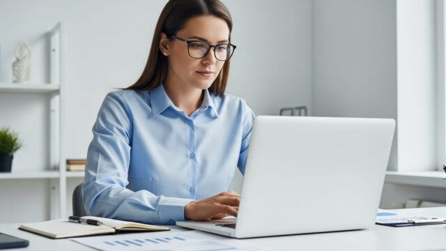 Business owner reviewing website and data security compliance on a laptop in a modern office setting.